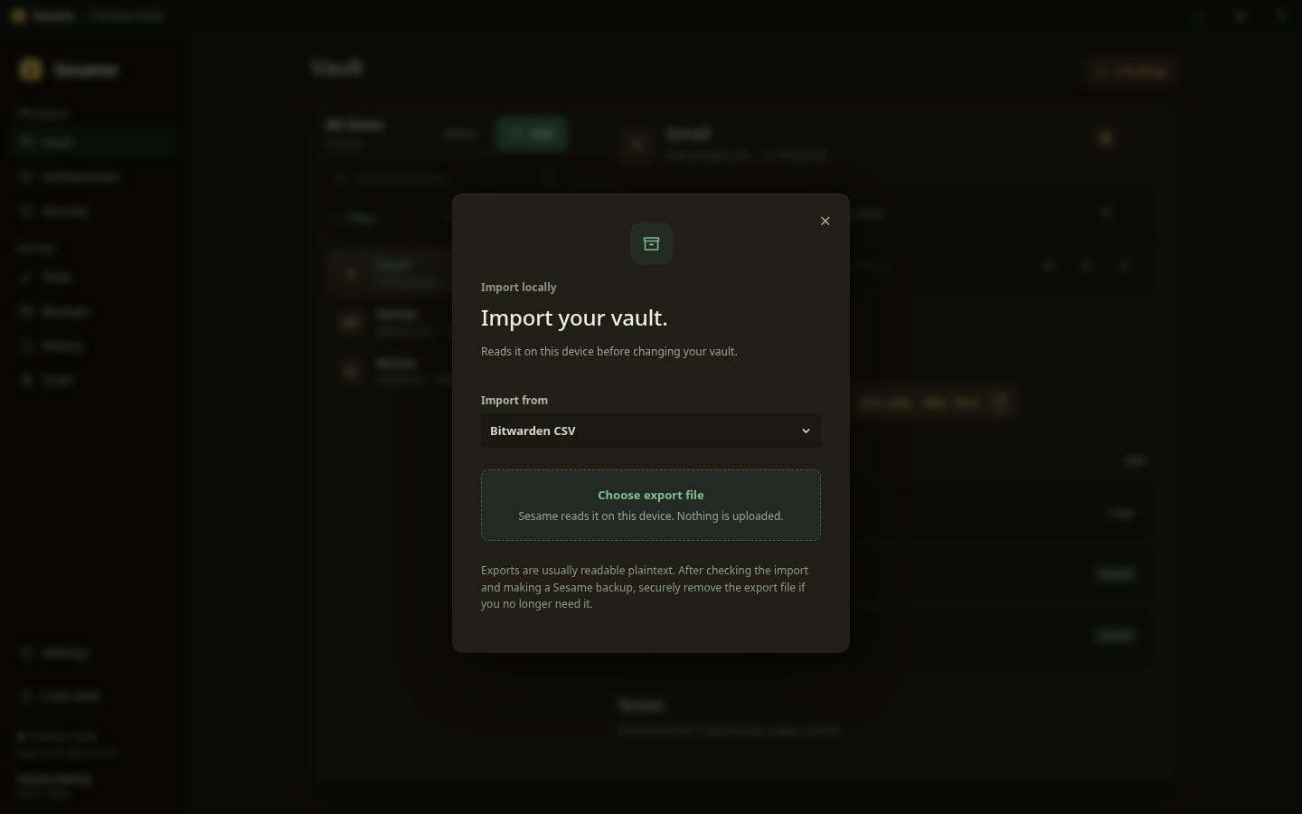 Sesame import dialog with a password-manager export selected