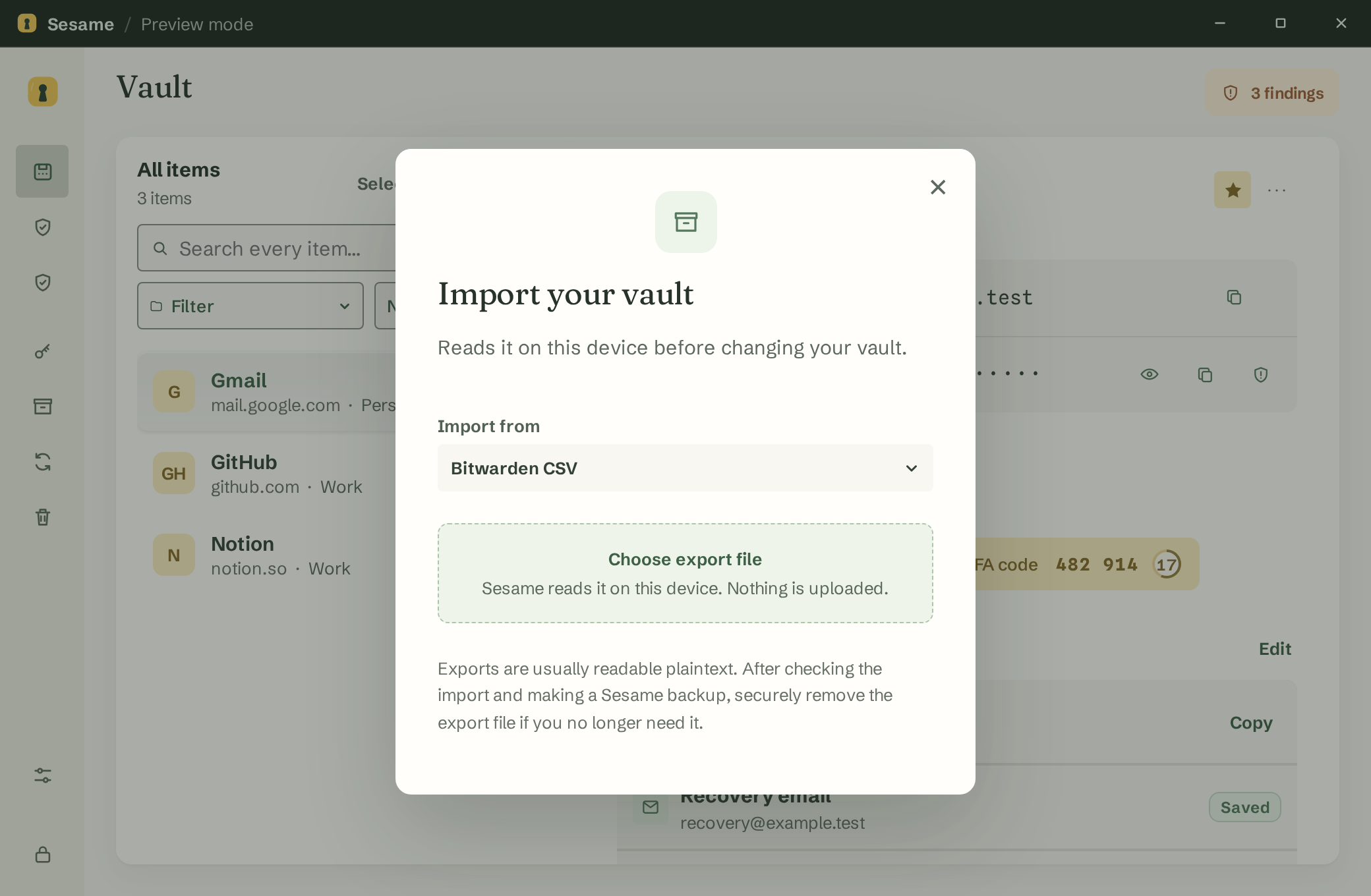 The Sesame import dialog over the vault, with Bitwarden CSV selected