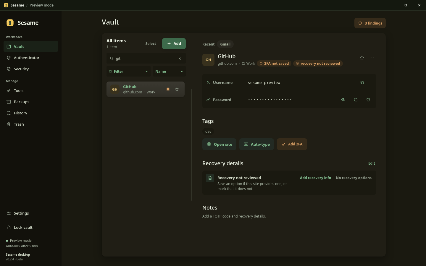 Sesame search results with a saved login open