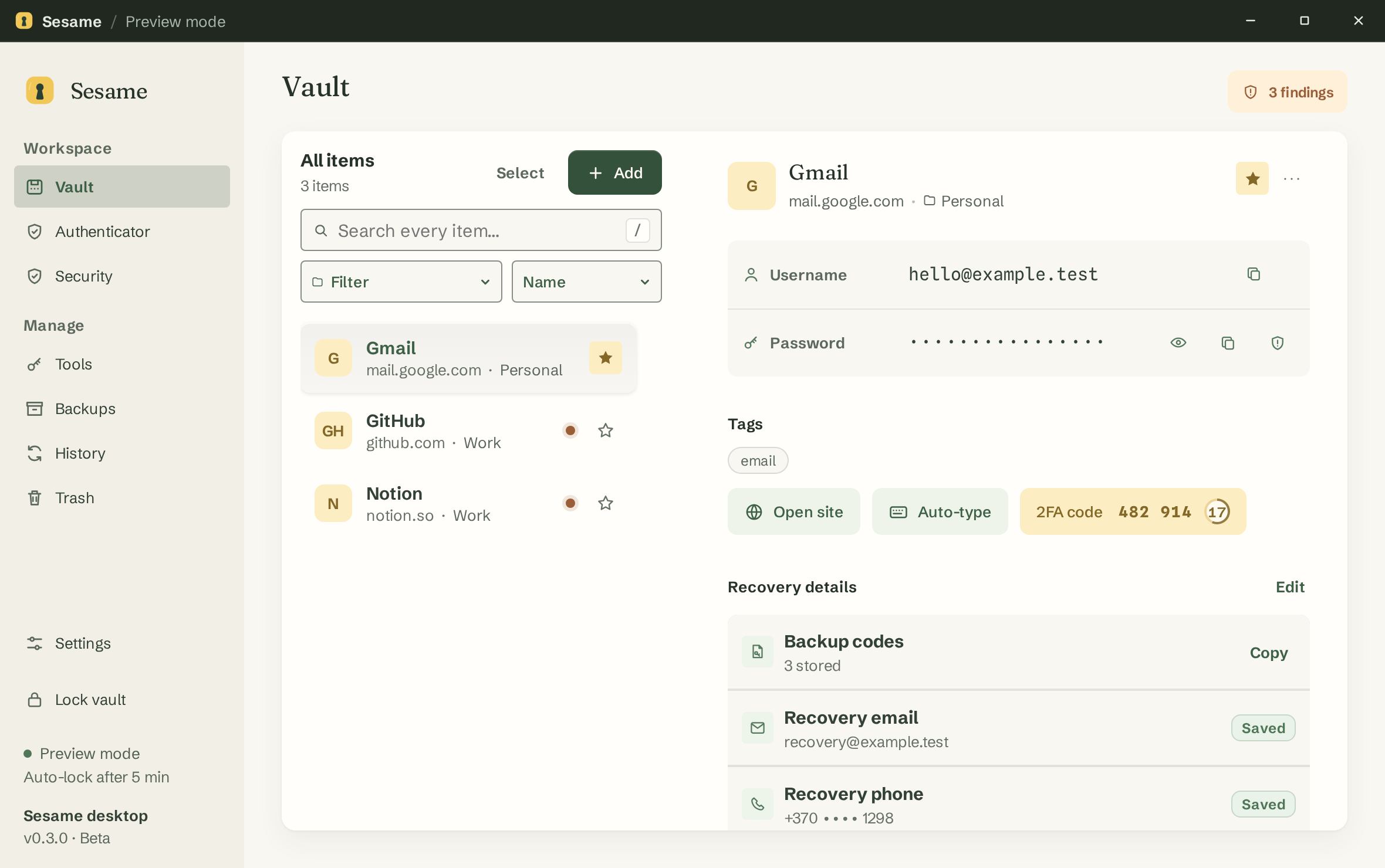 The Sesame vault window with a fictional Gmail login open, showing its username, hidden password, 2FA code, and recovery details
